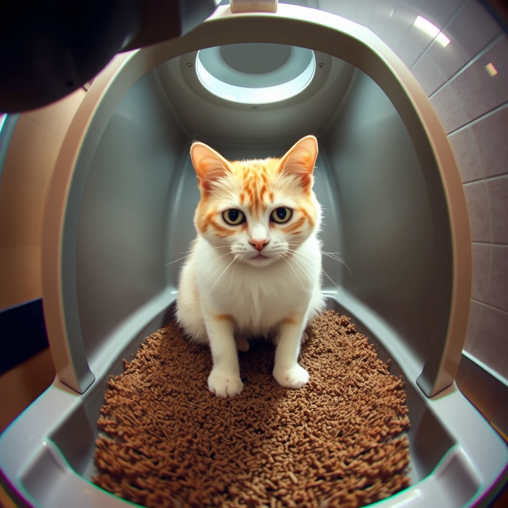 A cat is pooping in the cat litter from a surveillance camera perspective. The photo is in surveillance style, 3D style - Image