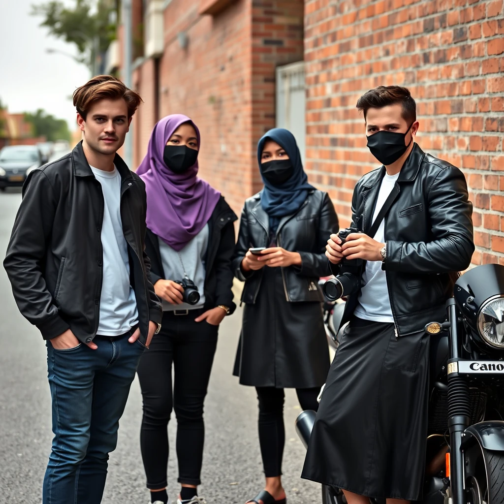 Jamie Dornan and Freddie Prinze, head and body shot, handsome, young, serious face, dark brown hair, white T-shirt, college jacket, skinny jeans, sneakers, standing, discussing with two guys and a Muslim girl wearing a short purple hijab, beautiful eyes, black face mask, black leather jacket, the biggest black leather skirt, holding a Canon DSLR camera, near a town road, superbike, hyper-realistic, street photography, brick wall, full body photo. - Image