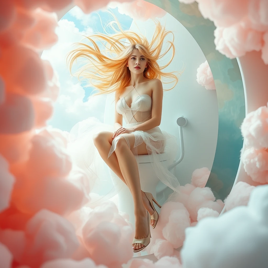 "Next Level Toilets" portal into cotton candy land, a magical woman with golden hair weaving in the wind, wearing a translucent dress and high heels, close up, sitting on a toilet, cotton candy sheep. - Image