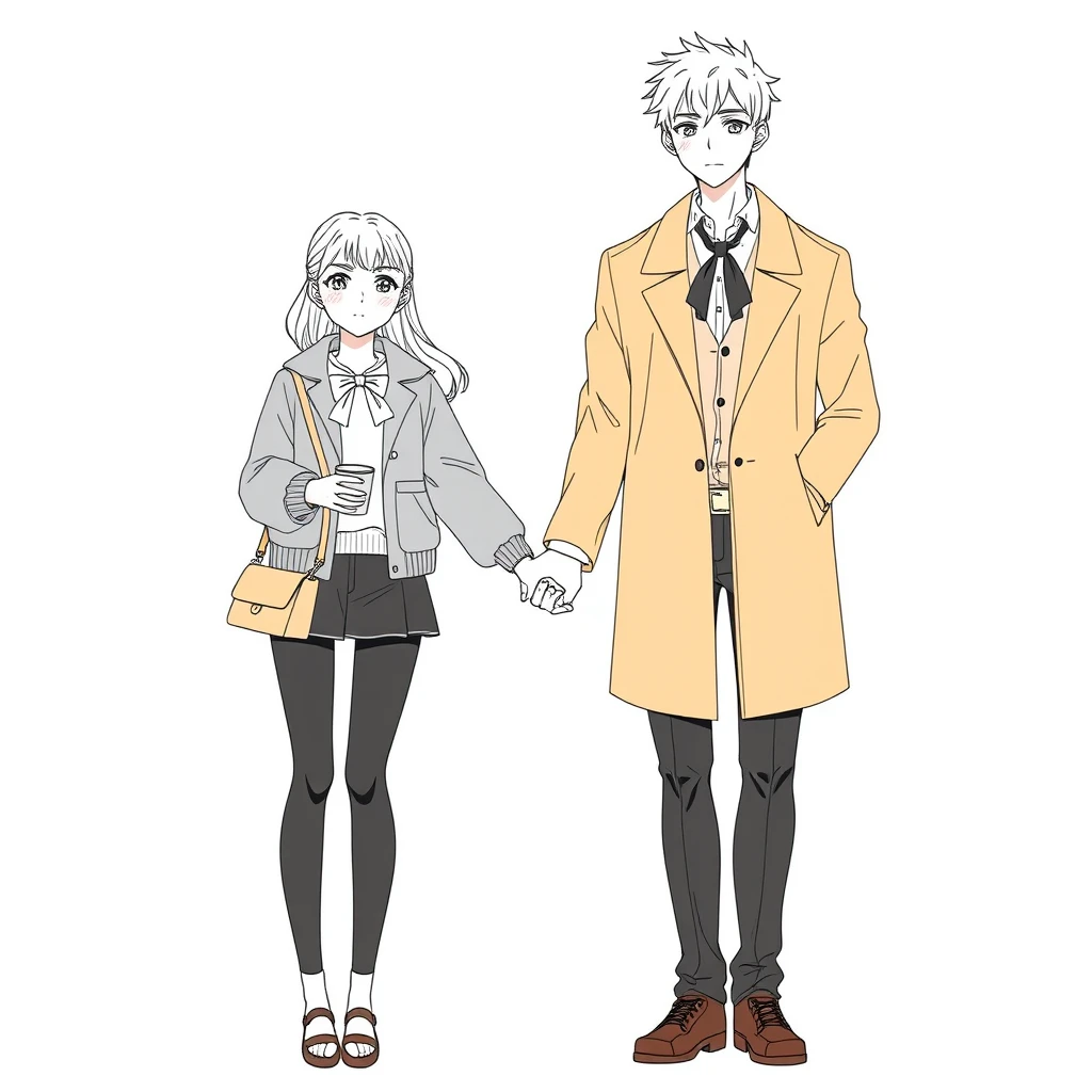 anime lineart, young woman standing with a tall handsome boy, couple, wearing fashion, bow, simple background, cup, handbag, hand in hand, daily life - Image