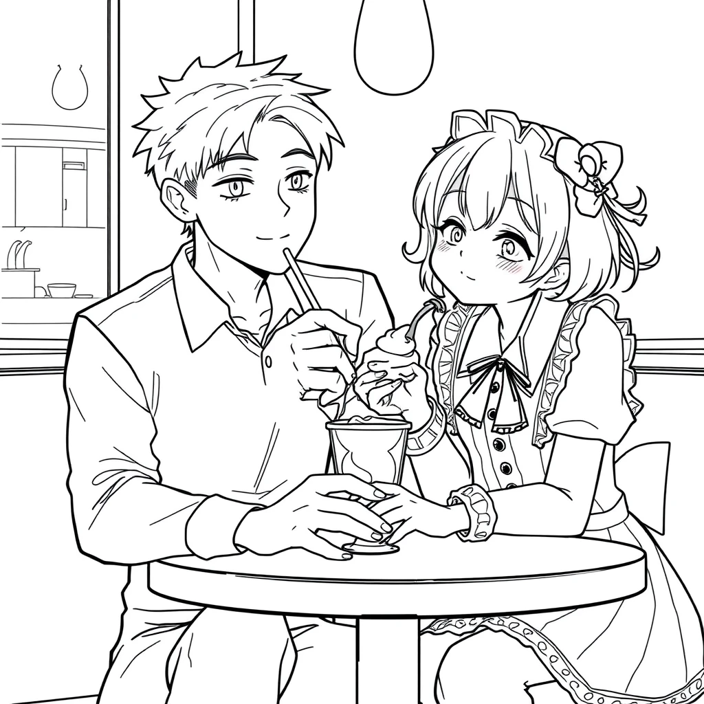 The boy was sitting and gently feeding his girlfriend a cup of ice cream, and the girl, who was wearing a lolita outfit, looked happy as she rested her cheeks on her hands on the table. The boy is tall and handsome. Anime lineart. - Image