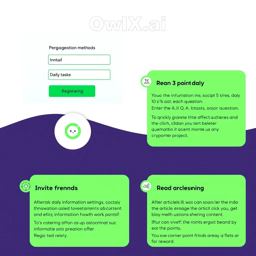 OwlX.ai offers two registration methods:  
1. Register using an email  
2. Register via a wallet link

How to earn points on OwlX.ai?

1. Personal information settings  
   After logging in, select personal information settings to complete daily check-ins, daily tasks, and invitation tasks.

2. Daily tasks  
   You can ask questions 5 times a day, earning 10 points for each question. Enter the AI Q&A interface to ask questions with one click, obtaining answers and relevant information about any cryptocurrency project.

3. Read articles  
   Read 3 trending articles daily. To quickly grasp the content of the articles, OwlX.ai provides a mind map feature. Click to view the mind map, which helps you better understand the article content. You can also engage with the articles, sharing your understanding. If you want to learn more about the content, you can click on the related questions below to get detailed answers from the AI.

4. Invite friends  
   After successfully inviting friends to register and earn points, you will receive 10% of the points earned by your friends as a reward.