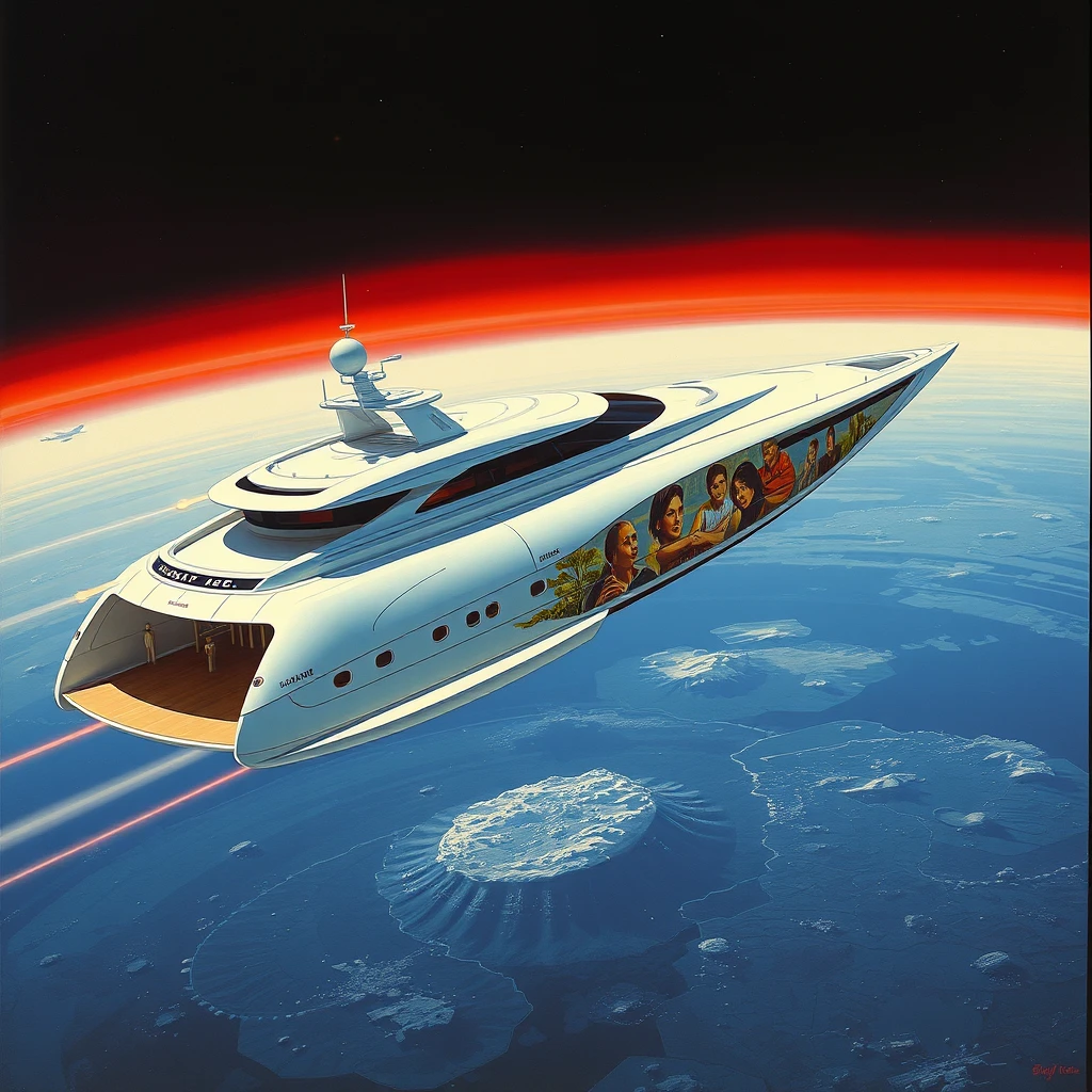 A space-yacht concept, in low Earth orbit, a painting by Syd Mead, sleek, futuristic, a full-length mural decorates the side.