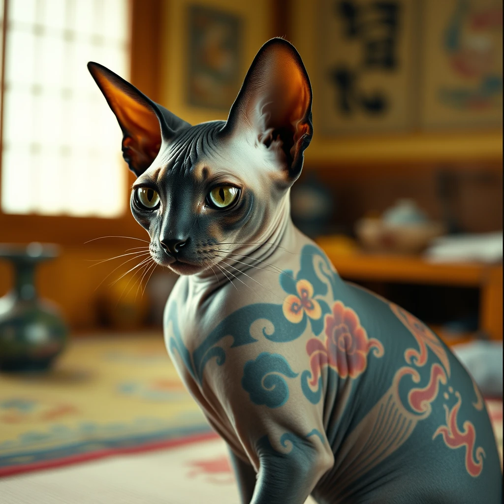 Photograph of a yakuza hairless sphinx cat with colorful Japanese tribal irezumi tattoos, sitting in a Japanese room, warm light, taken with a medium format camera.