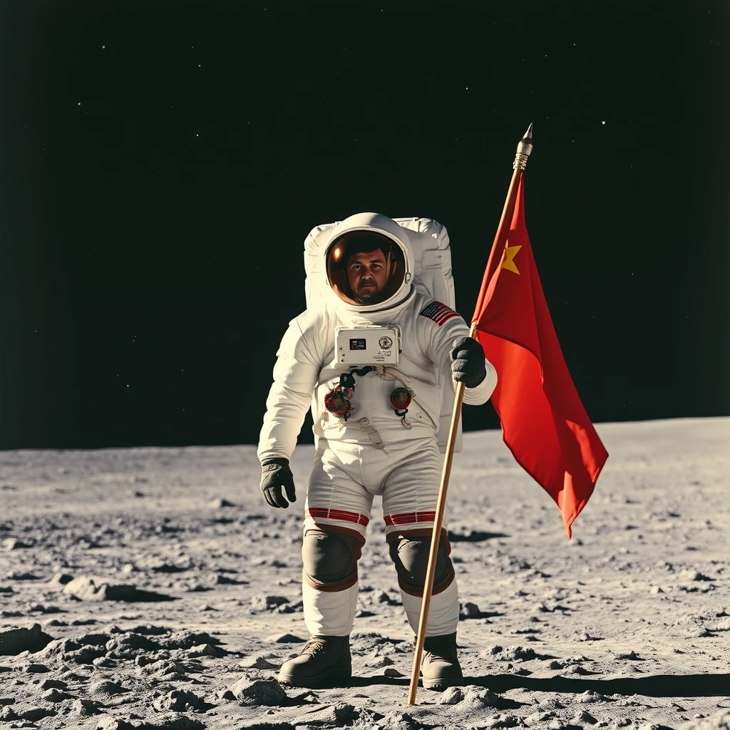 Soviet cosmonaut in a space suit standing on the Moon, facing the viewer. In his right hand he holds the pole of a flag of the Soviet Union, clearly visible next to him. Behind the cosmonaut, in the background, there is a black sky with bright stars, and galaxies in the distance.