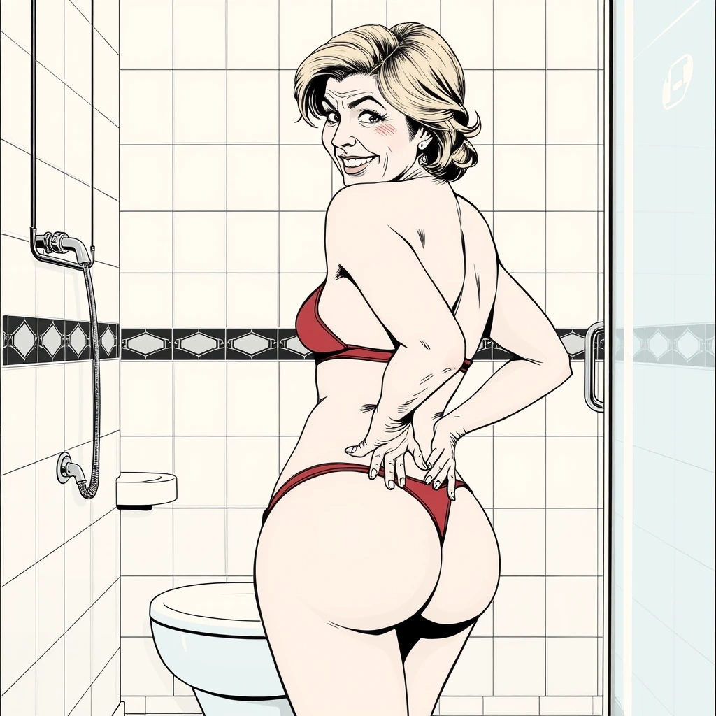 Comic lineart, In the bathroom, a mature woman in swimwear, puts her hands on her buttocks, looking back at the viewer and smiling.