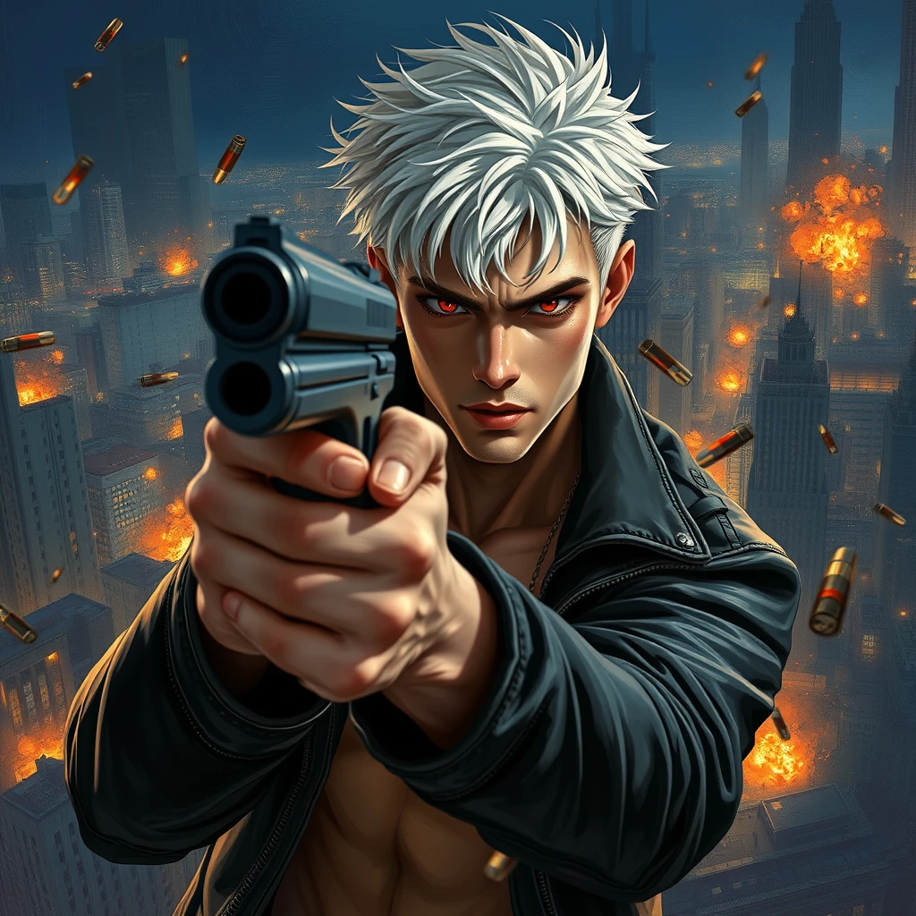 A young adult male with a gun aimed at the camera, short white hair, red eyes, black leather jacket, muscular figure, playful gaze, city night scene, high altitude, flames, explosions, black series, scattered bullet shells, iron chains, messy hair, character facing the camera, upper body, movie level lighting, thick painting style, ultimate color application, oil painting texture, Van Gogh style, Impressionist style, delicate brushstrokes, unclear line drawings, brilliant colors, soft light and shadow, 2.5D, Van Gogh's work, illustration, painting, paintbrush. - Image