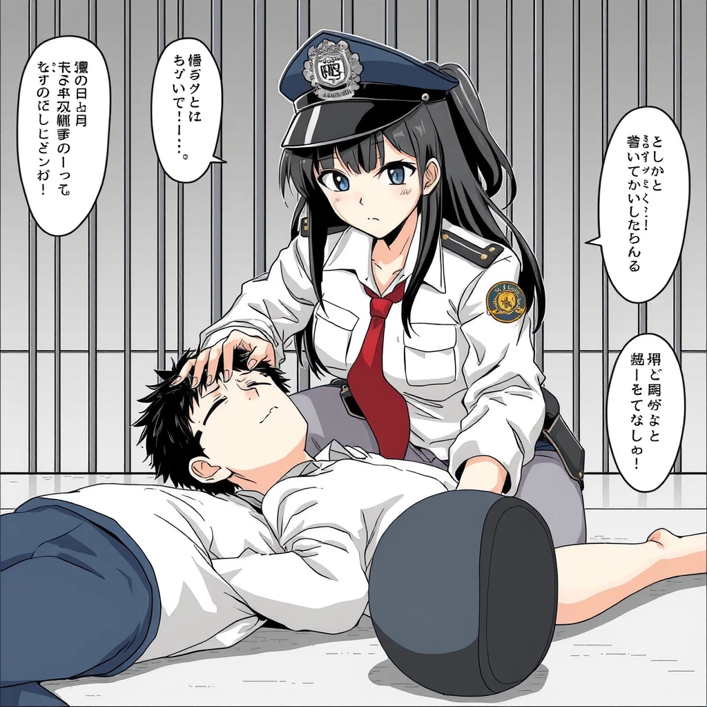 Female domination manga, a woman is a prison guard, a man is a prisoner, lying on the ground, being stepped on the head by the female police.