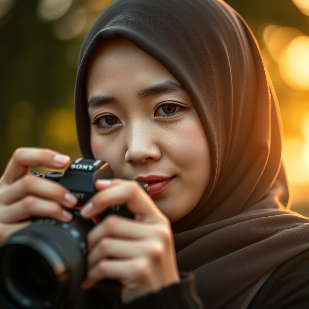 A beautiful Japanese hijab girl, shooting with her Sony Alpha A7 camera, intricate detail, bokeh, golden hour.