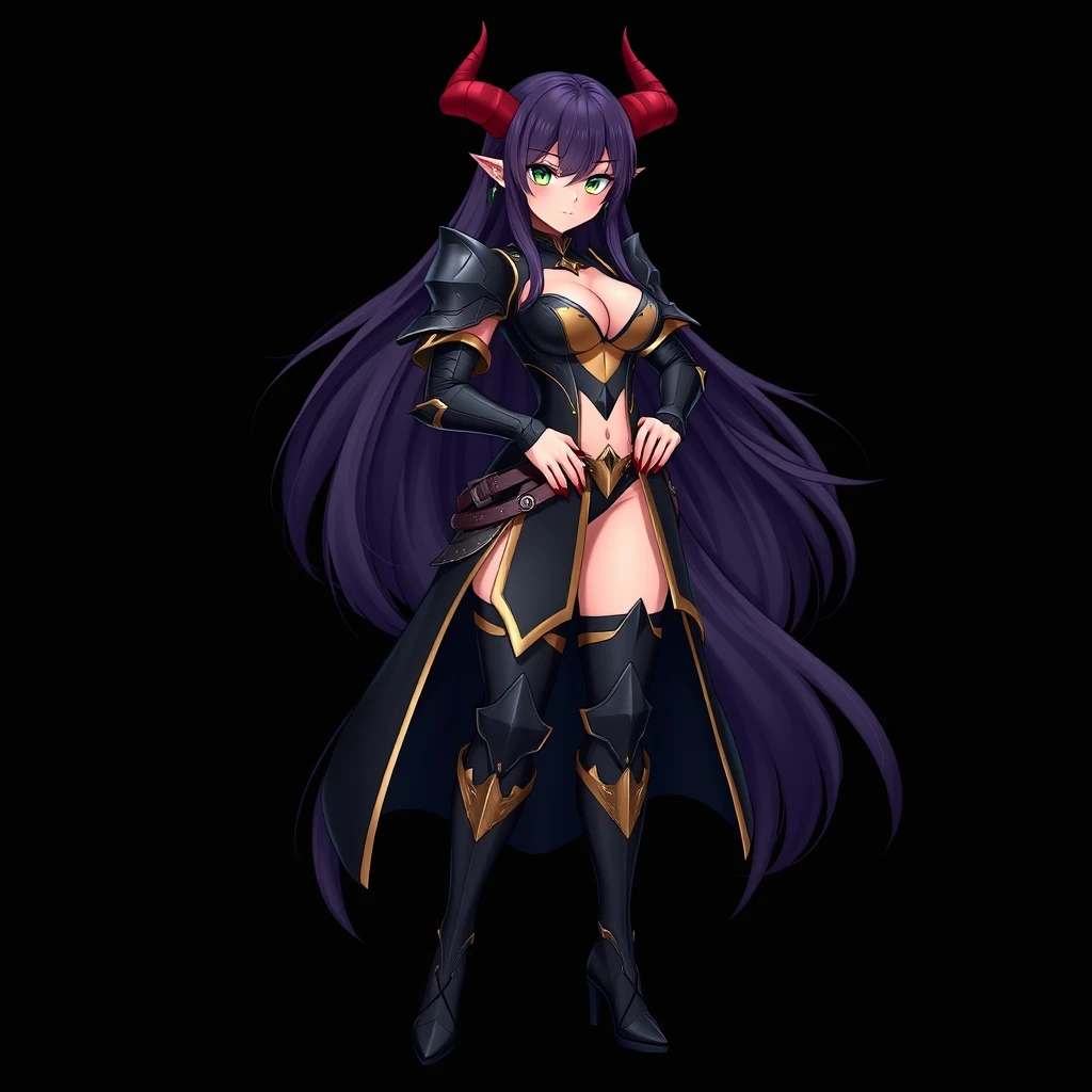 solo, 1 girl, 3d anime style, mature, high quality, very long hair, dark violet hair, green eyes, long red fingernails, demon horns, large hips, black armor with gold trim, standing pose, smooth curves, curvy body, black background, full body, boots