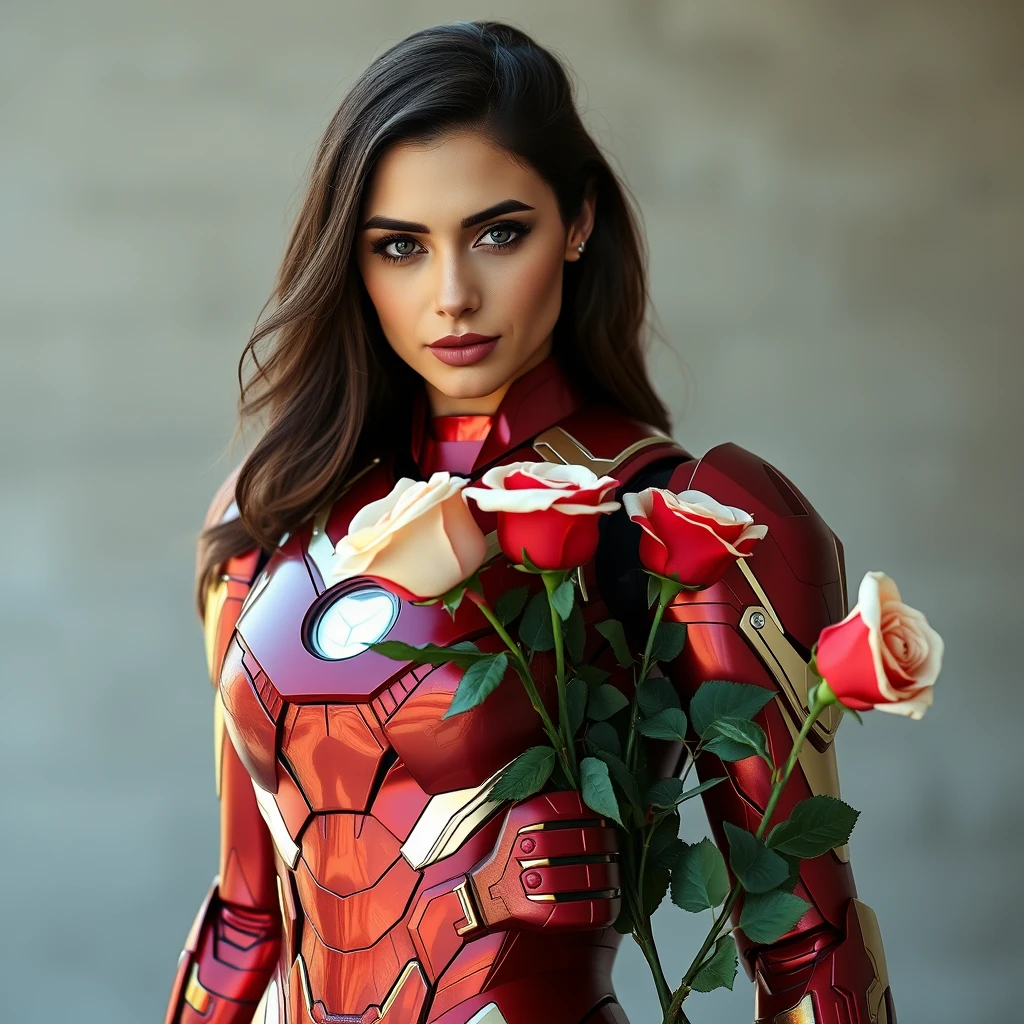 The beautiful model wearing the Iron Man suit and holding roses in her hand. - Image