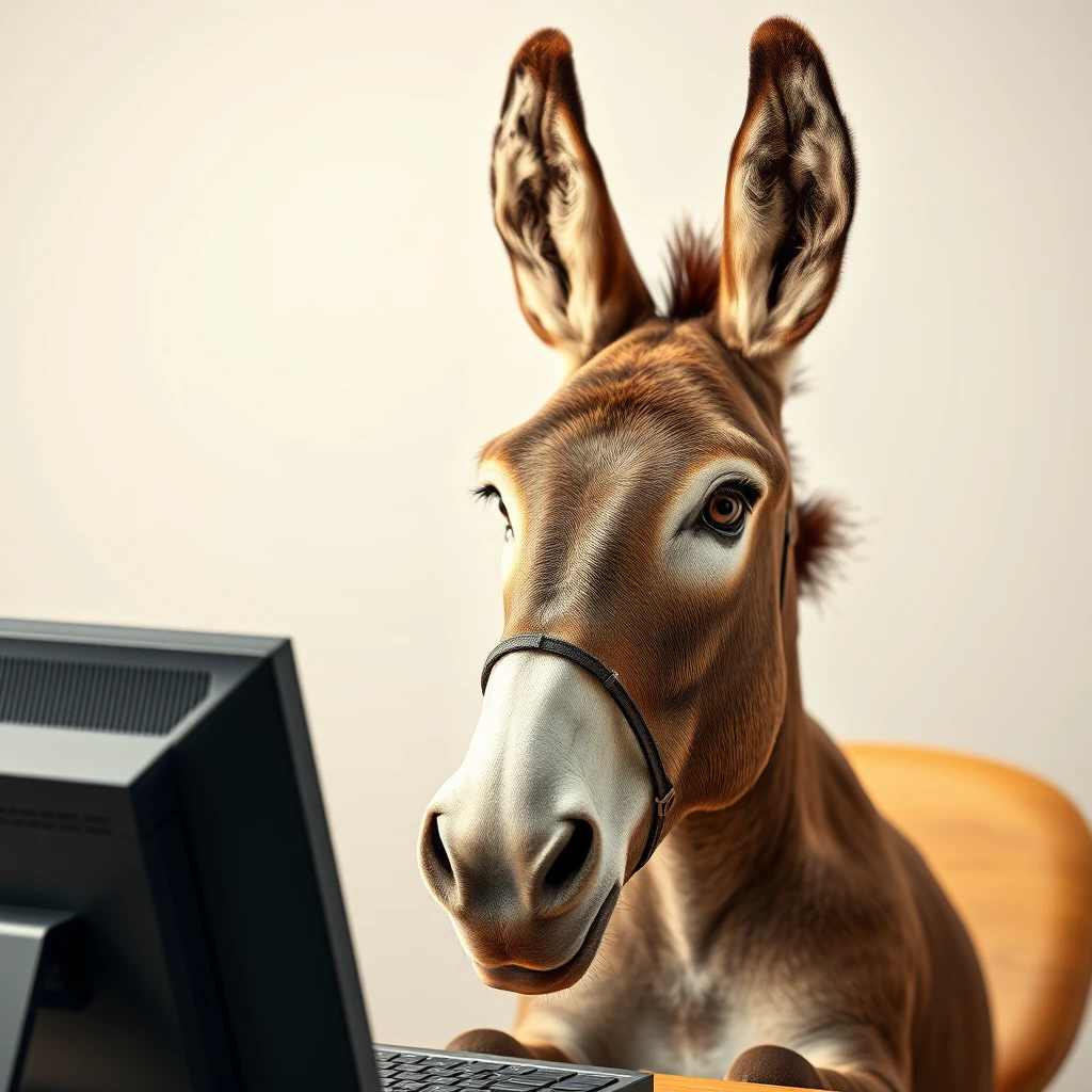 Donkey working in front of a computer