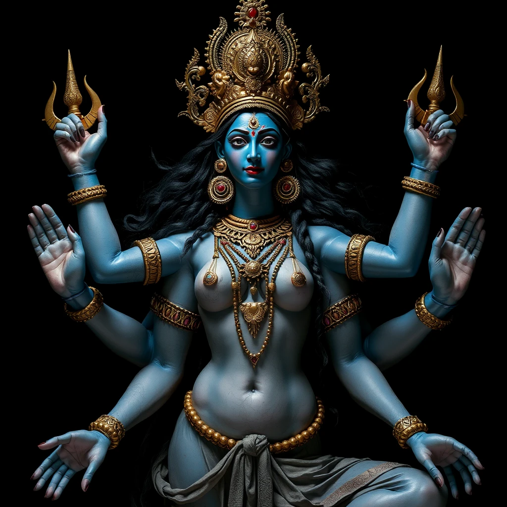 The Goddess Kali, blue skin, four arms, nude, dark setting.