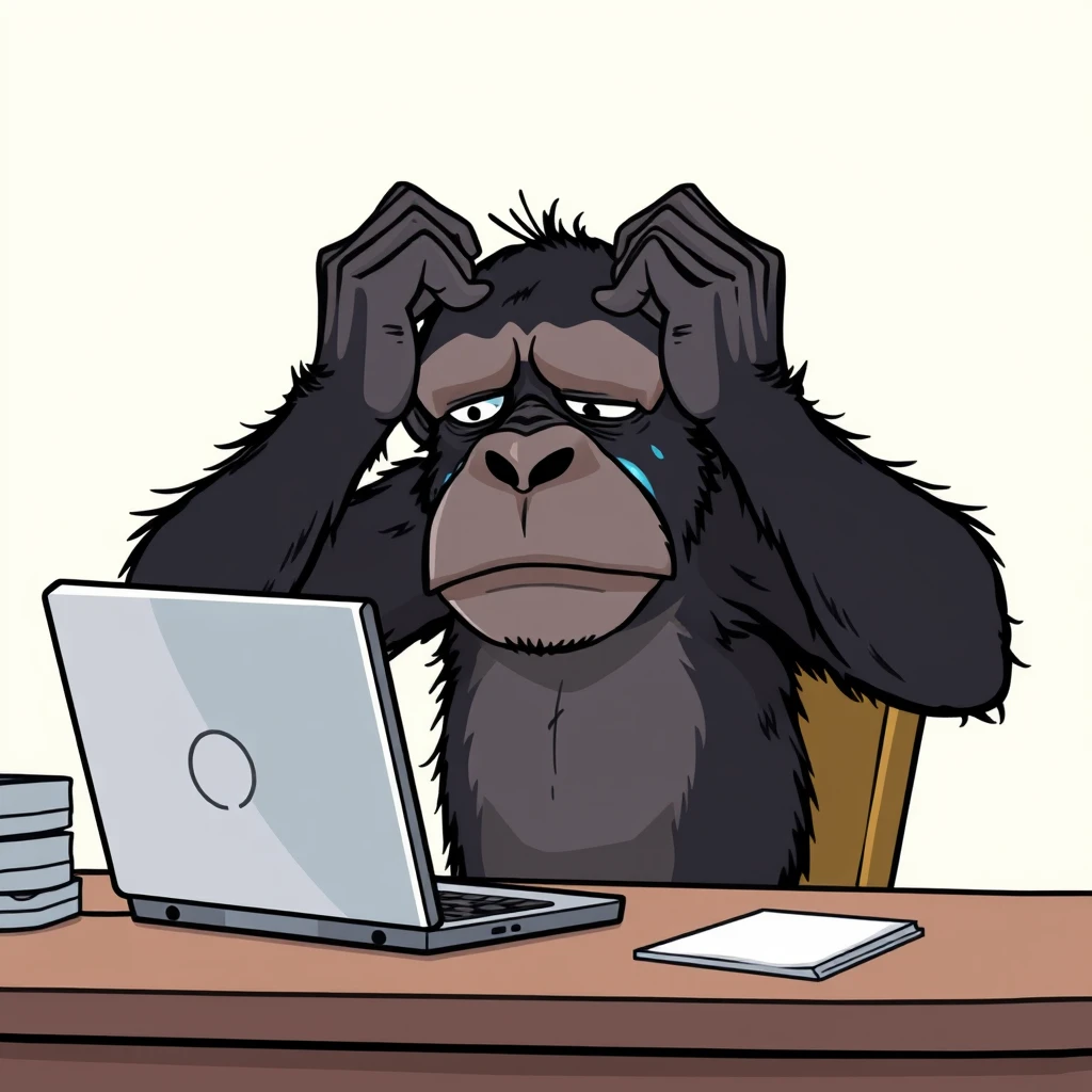 Chimpanzee sitting at a desk with a laptop computer on it. The ape is despondent, crying in despair with his hands held to his head. Stylized cartoon image with exaggerated expressions. - Image