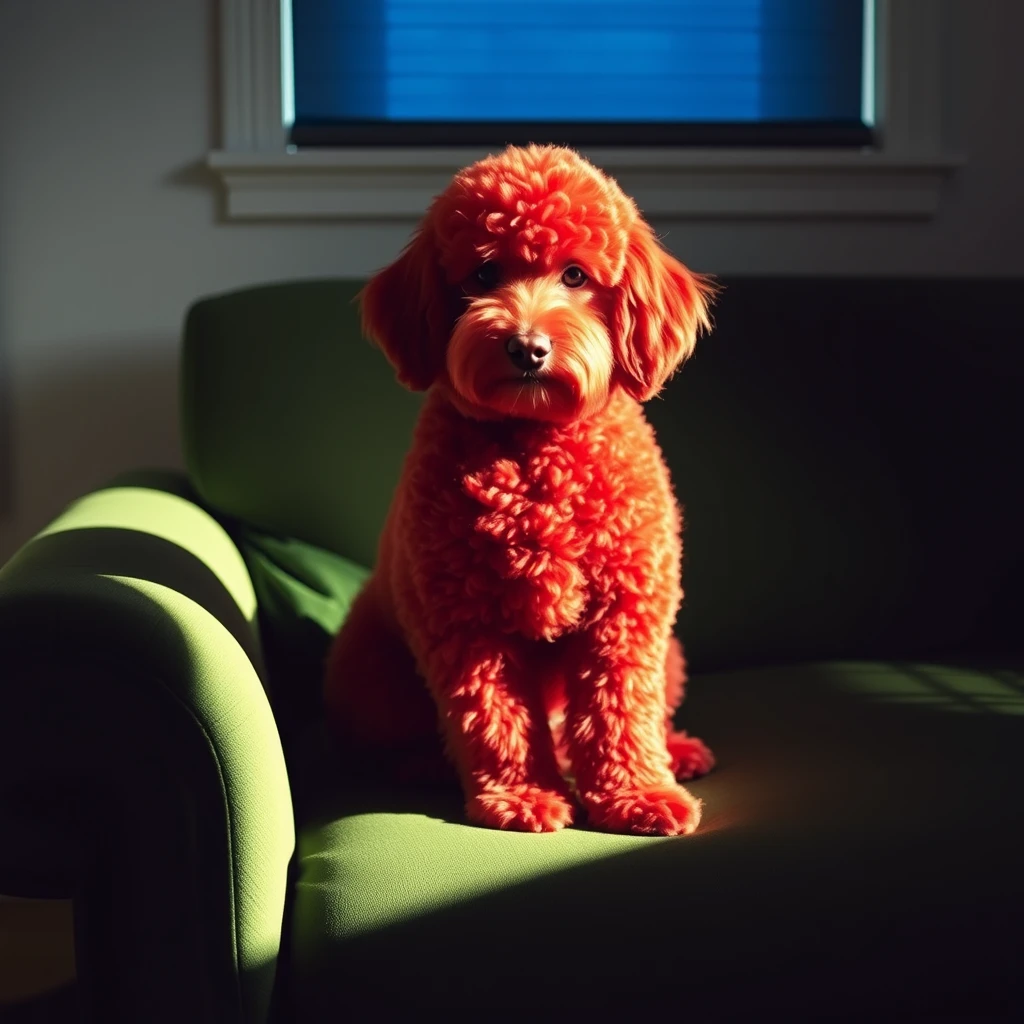 A red poodle sitting on a green couch, late afternoon, light filtered through a blue blind.