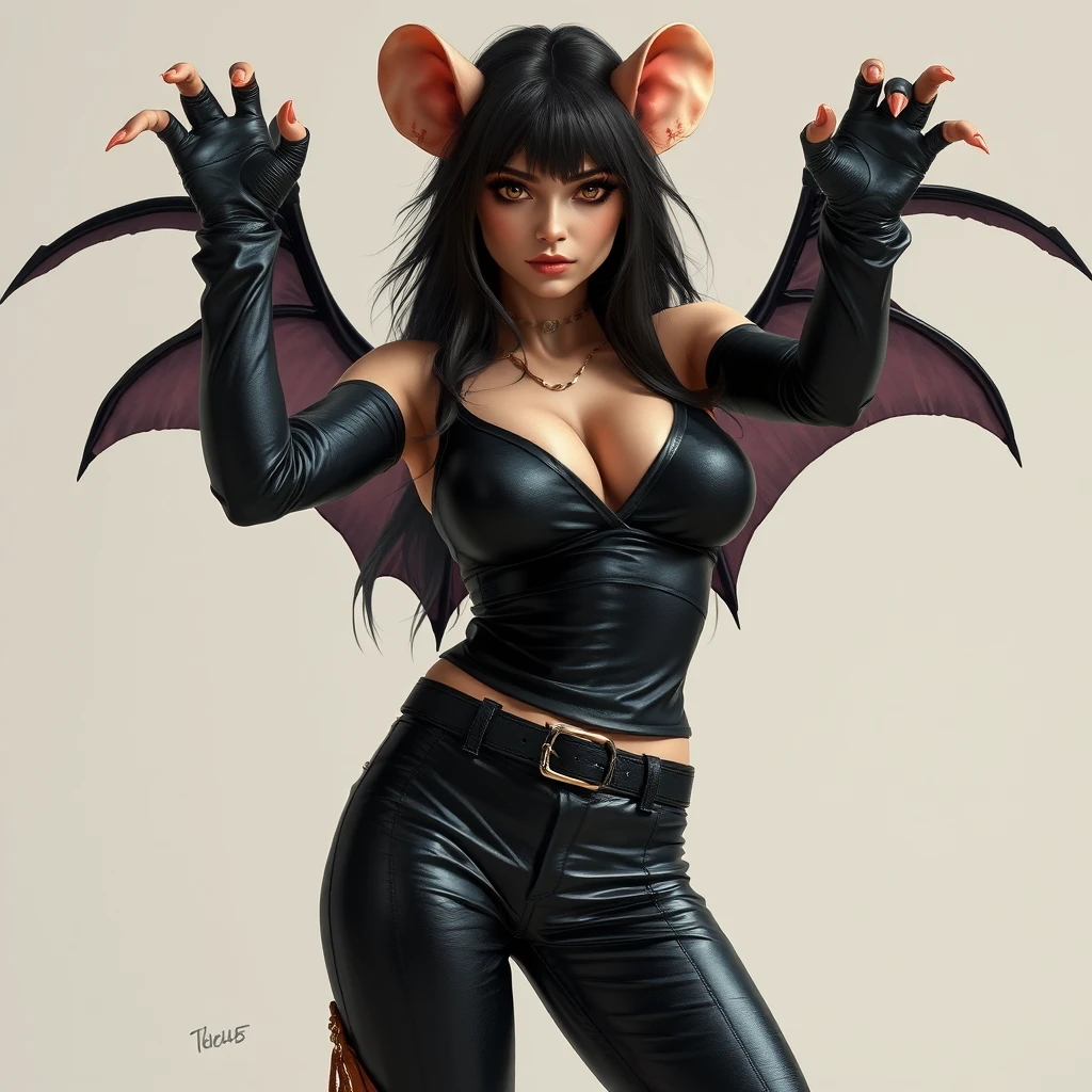 an anthro female rat, low cut top, leather pants, tight clothing