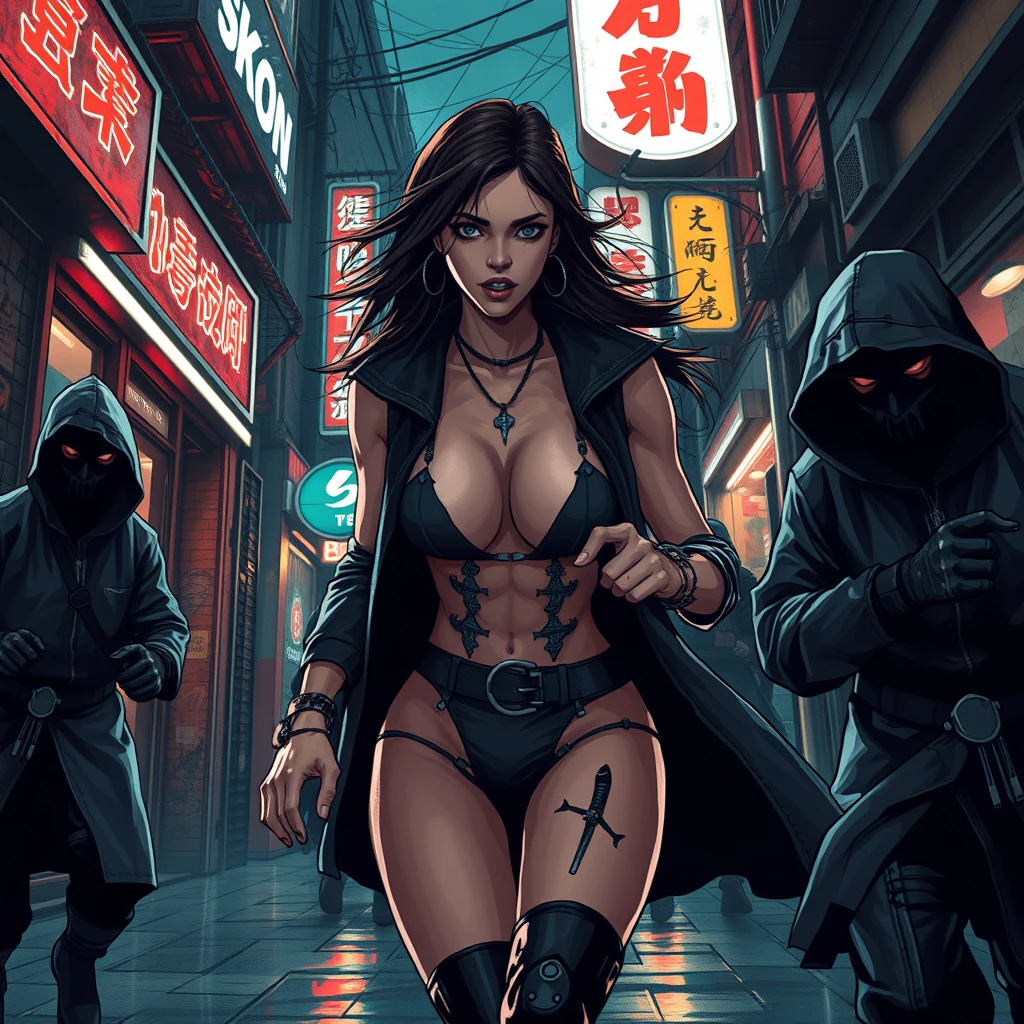 sexy alluring cyberpunk female running down a dark dystopian urban alleyway being chased by cyberpunk assassins in hooded cloaks, cybernetic implants, grunge graffiti art style, street fighter style, japanese shop signs, neon lights with realistic lighting, dark and gloomy, comic book art style with rough lines, realistic lighting, realistic reflections, high quality, 8k, close up over the shoulder camera shot, realistic hands - Image