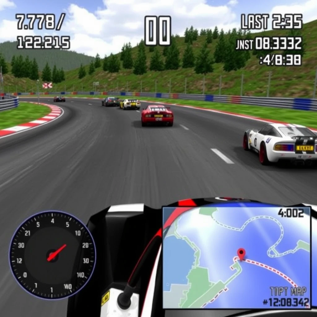 An in-game screenshot of a Ridge Racer game would feature other racers' cars visible on the track, either ahead or behind the player's vehicle. It also features a heads-up display (HUD) showing:  
- The current lap number and total laps  
- A speedometer  
- A mini-map of the track  
- The player's current position in the race.