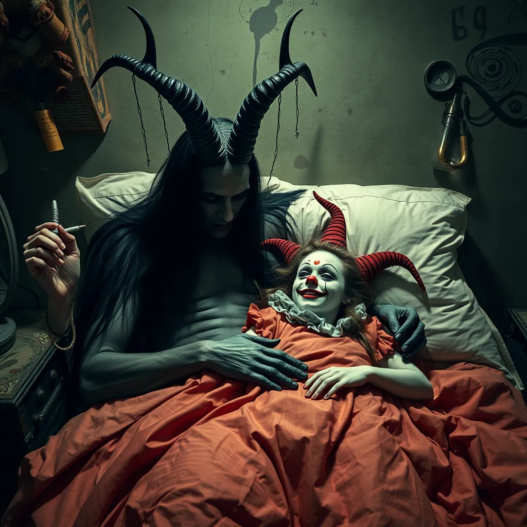 'urban baphomet in bed with a clown girl, hd photography'