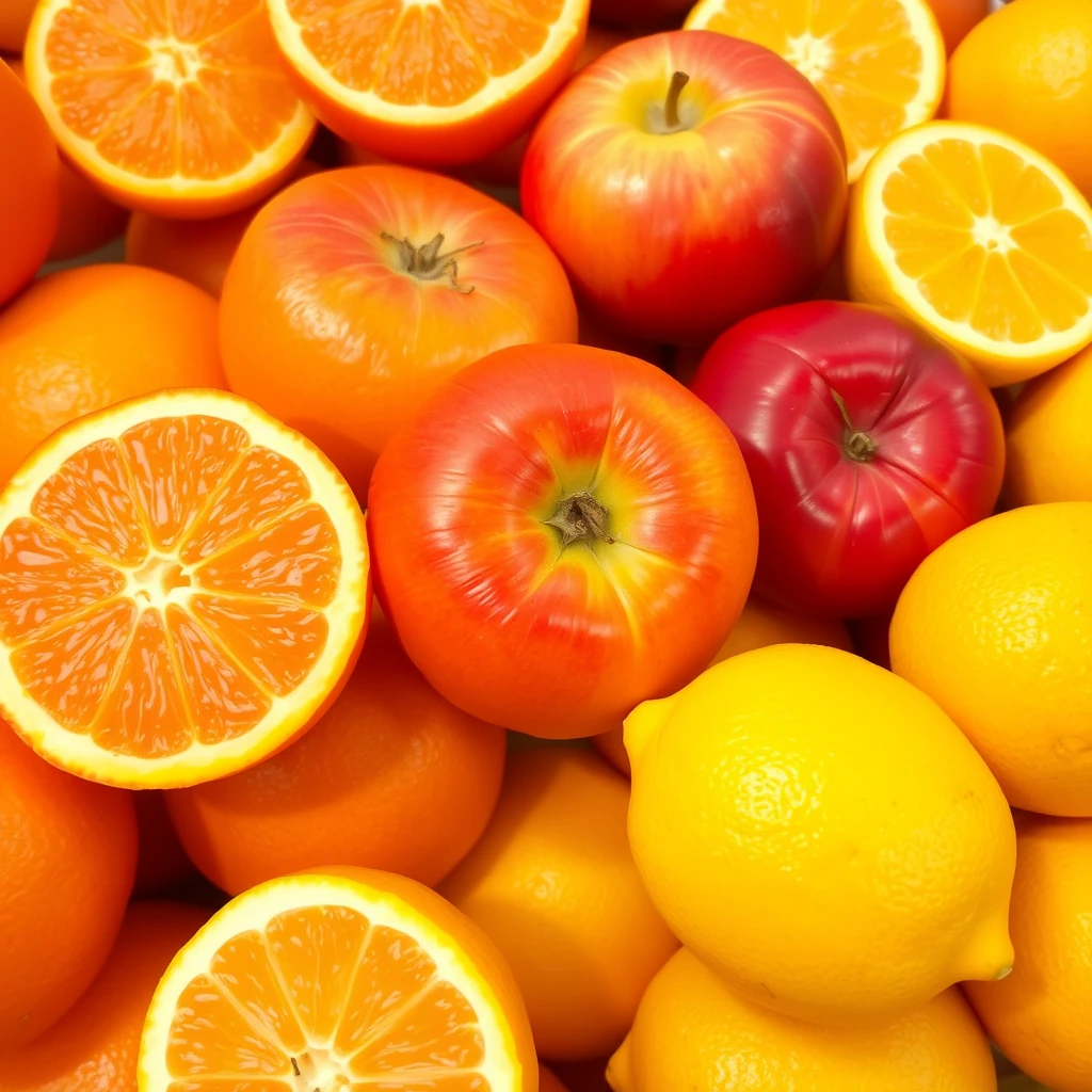 fresh oranges, red apples, and bright yellow lemons. juicy and ripe, with sliced open to show their interiors. - Image