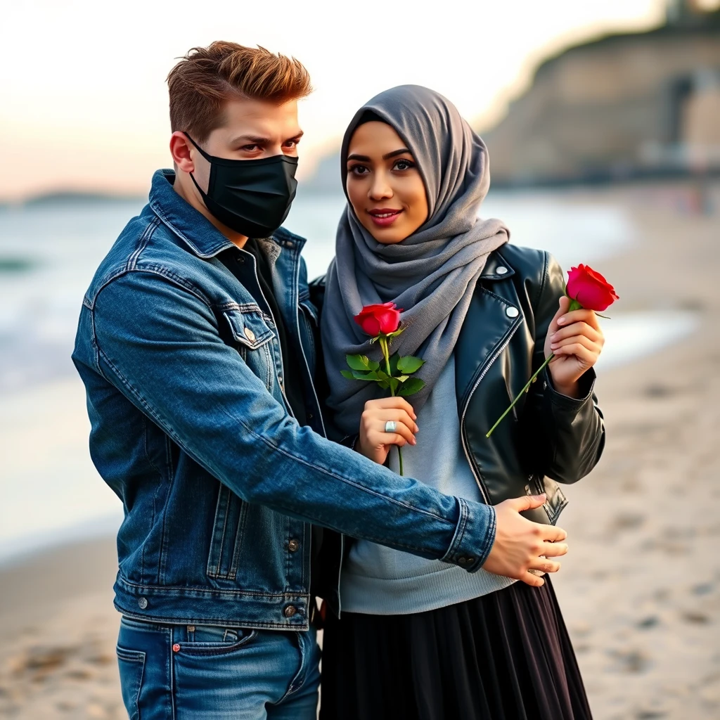 Jamie Dornan's head and body shot, handsome, wearing a black face mask, denim jacket, jeans, dating, hugging, a loving couple with a beautiful Muslim girl wearing the biggest grey hijab, beautiful eyes, wearing a black face mask, black leather jacket, and the biggest skirt, at the beach, holding a rose, hyper-realistic, street photography, selfie. - Image