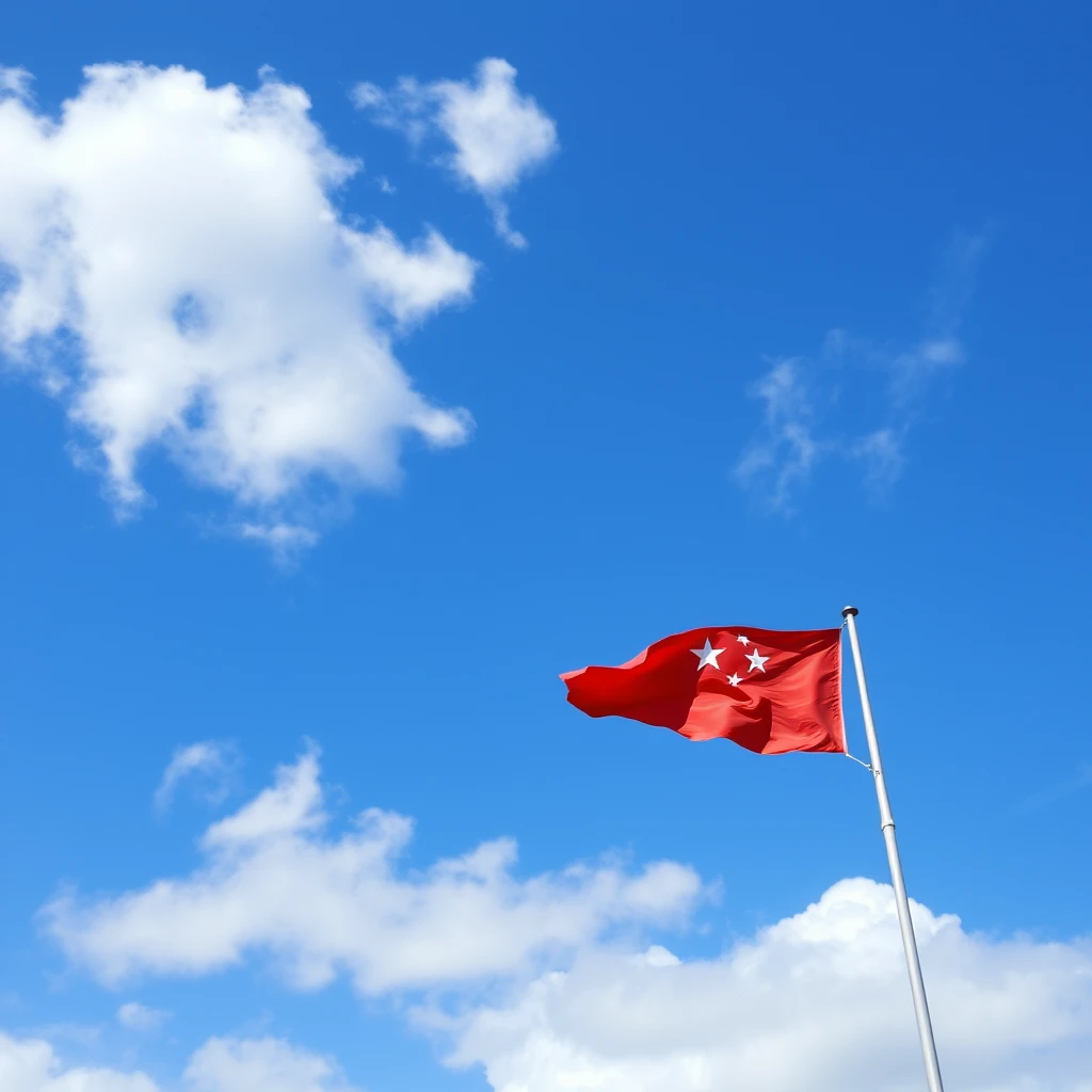 The blue sky and white clouds with the five-star red flag flying.