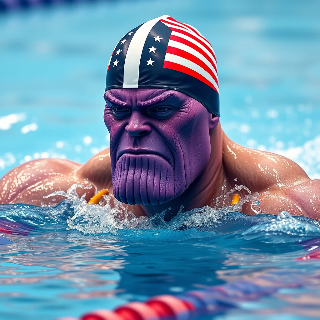 "A Thanos with only a purple face is swimming in a competition, wearing a swim cap with the American flag, in a realistic style, full-body shot."