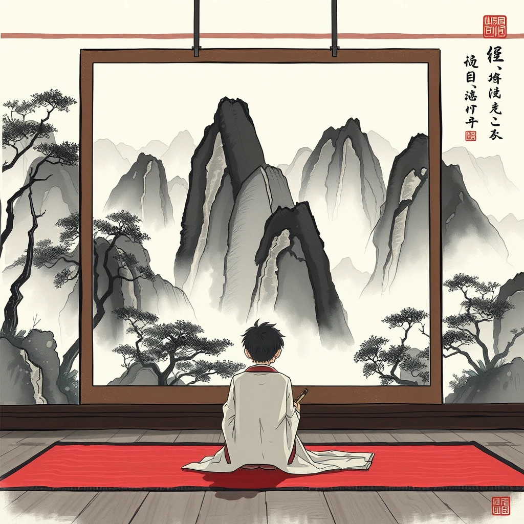 Sitting in front of the Chinese landscape ink painting, anime.