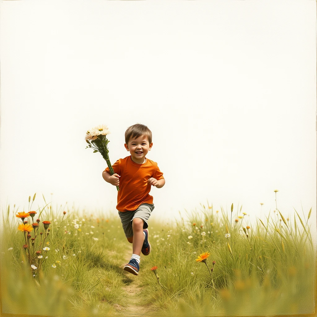 A young boy was running with a bunch of flowers