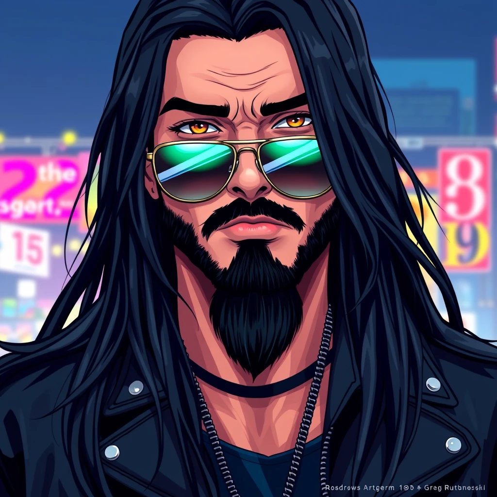 Full face portrait of a beautiful man with very long black hair, sunglasses, goatee, black leather jacket, digital artwork, GTA V Loading Screen art, colorful, anime style by rossdraws artgerm and greg rutkowski, 4k, graphic design, adobe illustrator, behance, trending on pixiv, epic lighting, intricate, GTA V. - Image