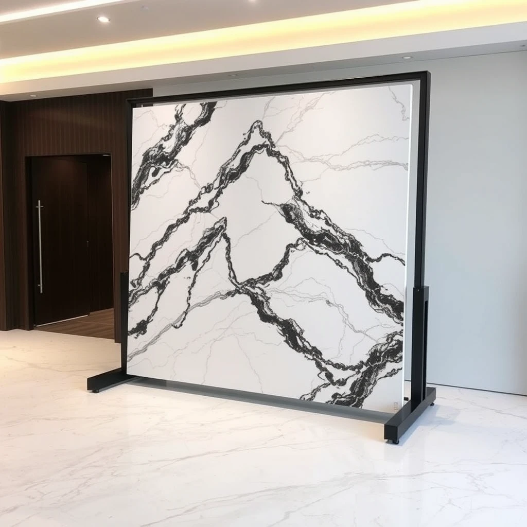 Smart, stylish automated carrier-cum-display system that holds 2 large 4 meter sized, polished marble panels such that one horizontal panel and one vertical marble panel, together form an L-shaped configuration, in the pattern matching orientation, in a professional yet cheerful setting. - Image