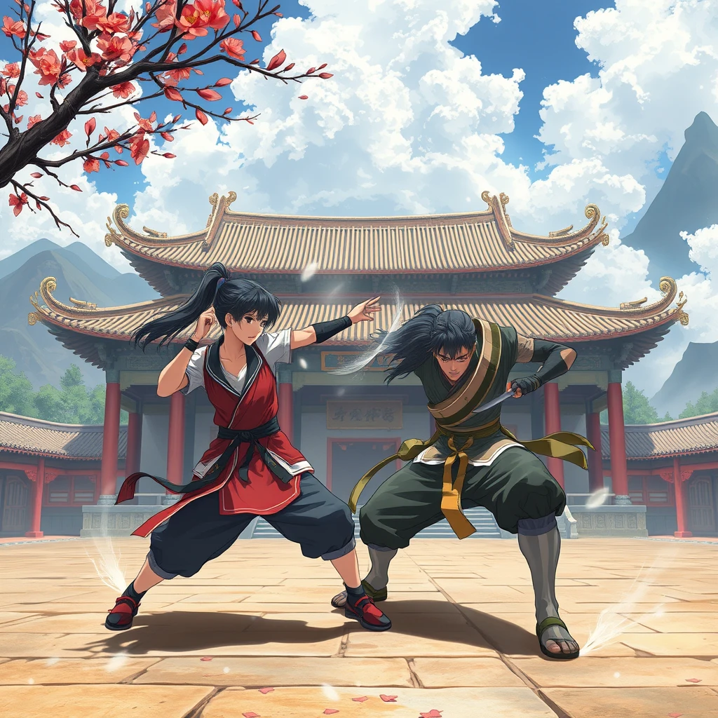 Anime artwork, Martial arts arena in front of Taoist temple, noman.