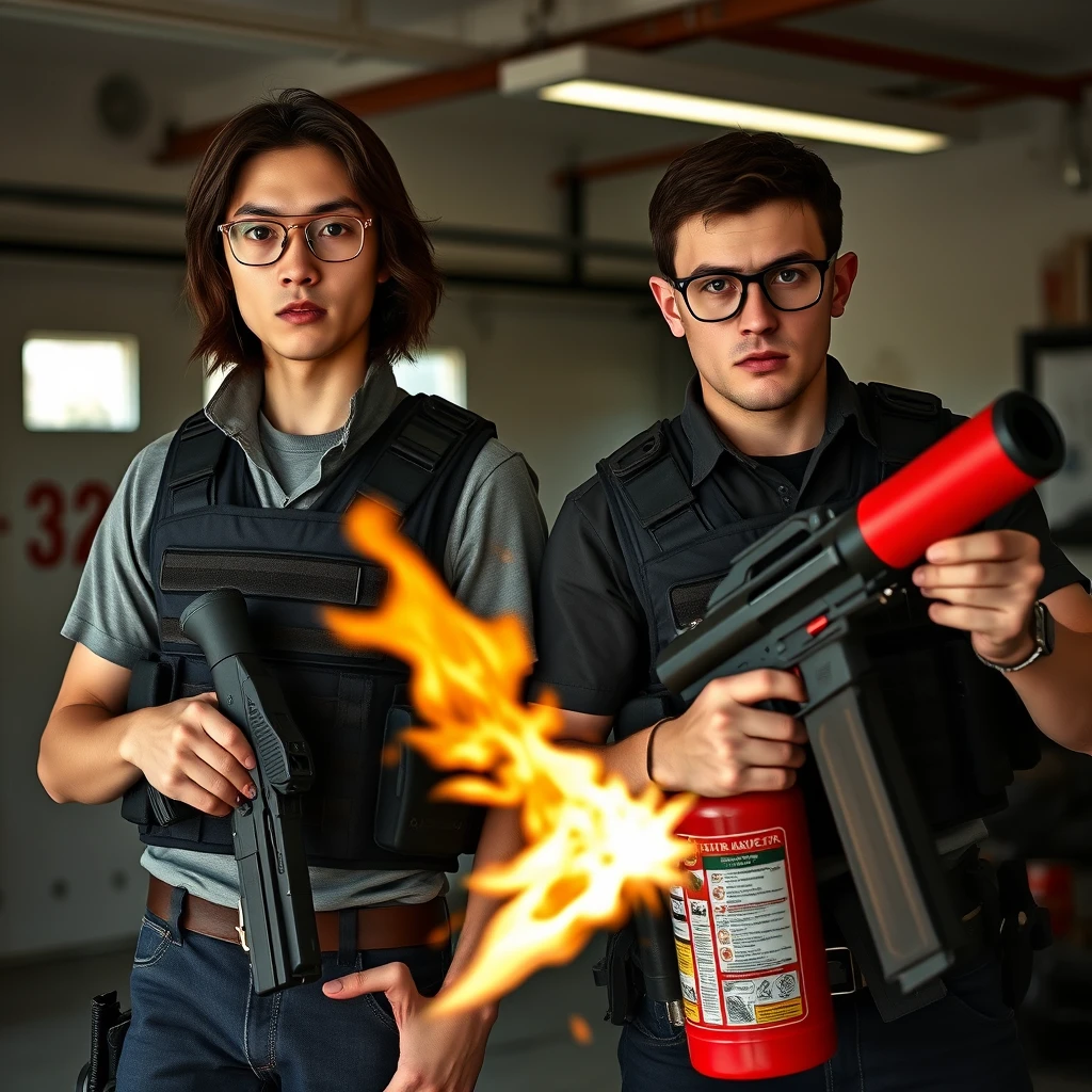 21-year-old white thin long-faced young adult northern Chinese man with square chin, wearing square glasses, holding a pistol, "medium/long length hair"; 21-year-old Caucasian Italian man wearing round glasses and short hair holding a very large fire extinguisher flamethrower; garage setting; both angry, tactical vests.