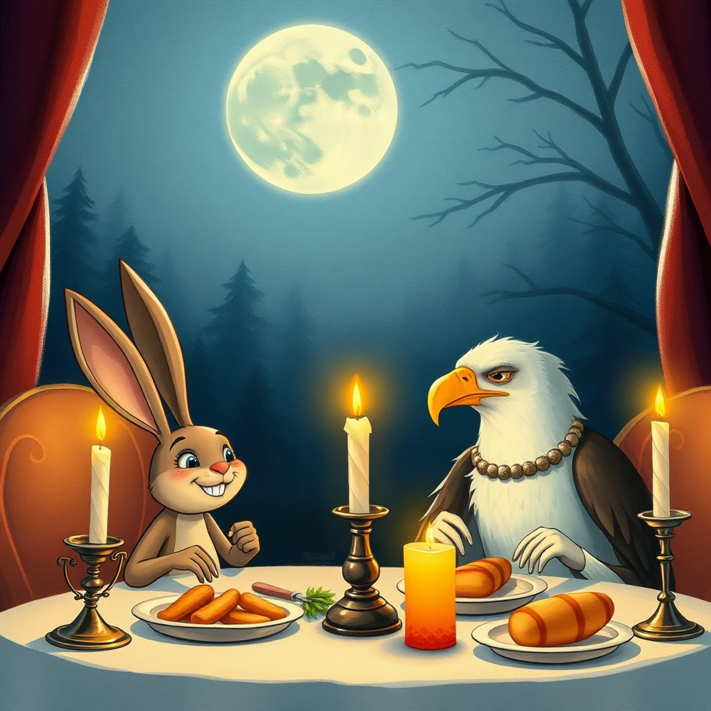 The rabbit and the eagle are smiling at the candlelit table and eating dinner.