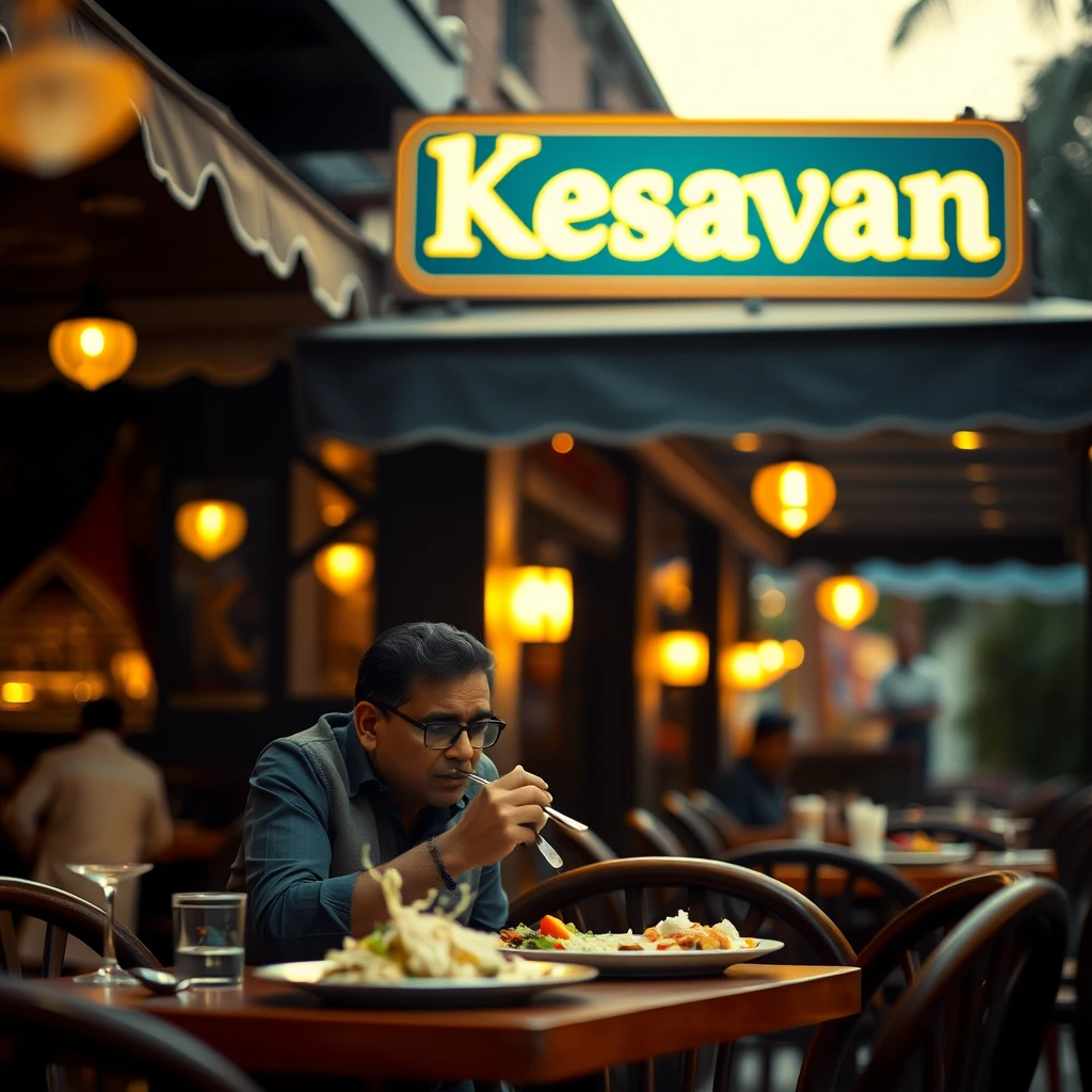 An Indian man eating at a traditional aesthetic Chettinad Indian restaurant with signage reading "Kesavan," bokeh, golden hour, outdoor, dark blue and maroon theme color. - Image