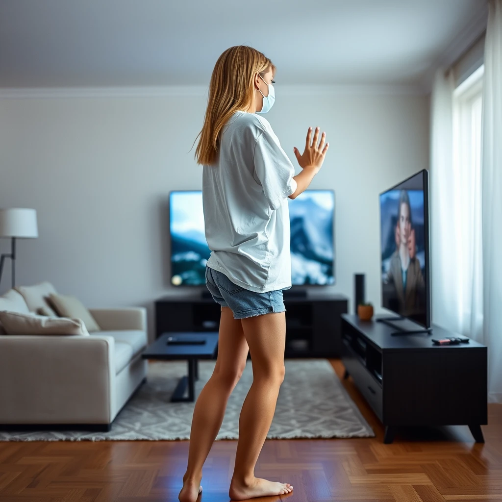 Side view of a blonde skinny woman who is in her massive living room wearing a massively oversized white t-shirt which is also a bit off balance on one of the shoulders and wearing light blue denim shorts. She is wearing no shoes or socks and is facing her TV, and both her hands disappear when they go through the TV screen when they touch the screen. - Image