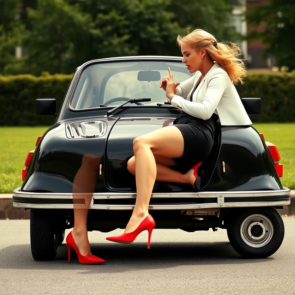 A woman in high heels punishes a small bobby car.