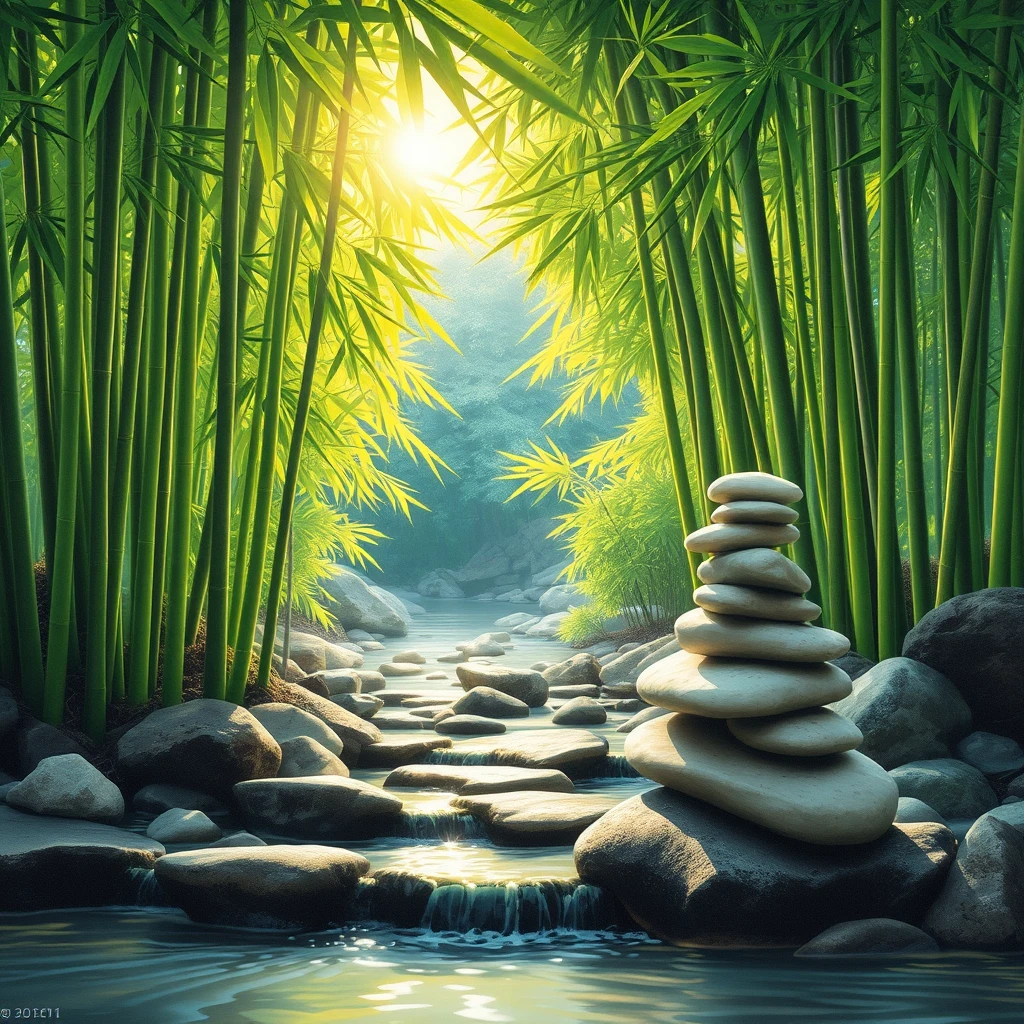 "This picture depicts a peaceful natural scene with vibrant green bamboo, stacked pebbles, and a gently flowing stream. Sunlight filters through the leaves, creating a relaxing and serene atmosphere, much like a meditative painting." - Image