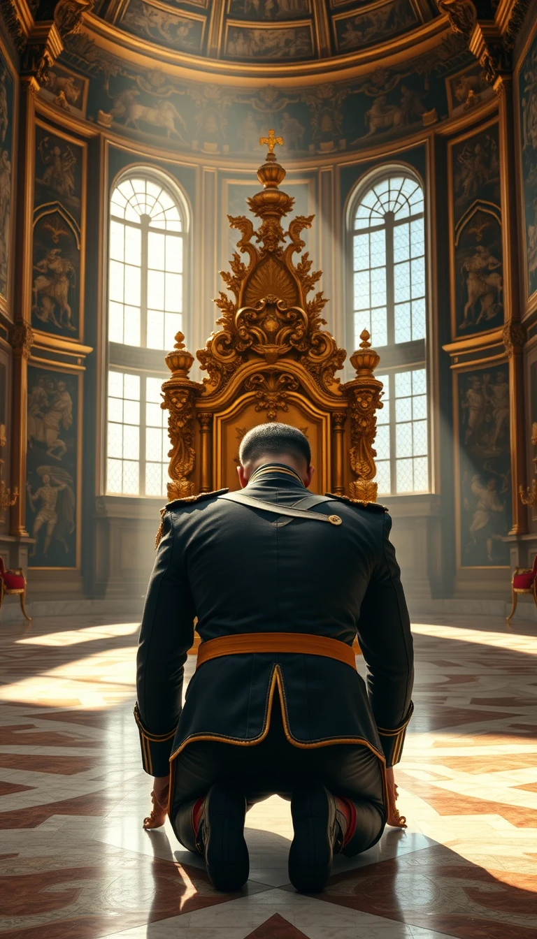 Main Character: A handsome and muscular king in a British royal military uniform, his back to the viewer, is on all fours, head bowed to the ground, trembling, in front of a massive gold throne. He appears to be in his late 30s, with short, neatly combed dark hair and a strong jawline. The uniform is impeccably tailored, adorned with medals and gold braid, highlighting his broad shoulders and powerful build.
Background: The scene takes place in a grand, opulent throne room of a European palace, likely from the late 19th century. The towering walls are adorned with intricate carvings and tapestries depicting scenes of historical battles and royal ceremonies. Sunlight streams through tall, arched windows, casting long, dramatic shadows across the polished marble floor. The massive golden throne, intricately carved with mythical creatures and symbols of power, dominates the room, gleaming in the light.
Supporting Characters: None
Visual Style: The scene should be captured in a hyperrealistic, professional film photography style, emphasizing the dramatic lighting and the rich details of the environment and the king's uniform. The color palette should be rich and saturated, with a focus on golds, reds, and deep blues. The composition should create a sense of awe and power, highlighting the grandeur of the throne room and the king's submission. The image should evoke a sense of drama and tension, leaving the viewer to question the events leading to this powerful moment.