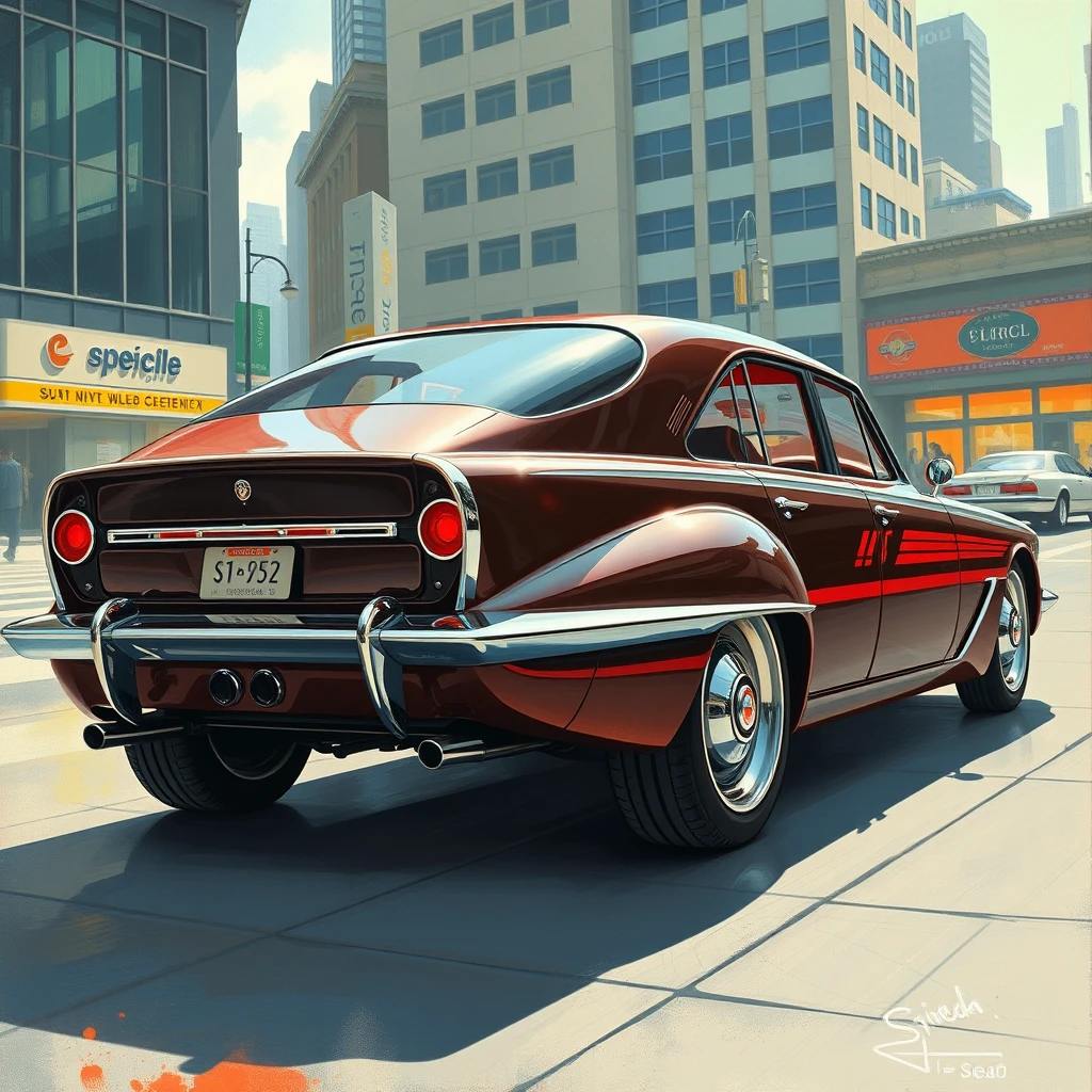 3/4 view, a retro-futuristic sedan concept in a city setting, a painting by Syd Mead, 4k, detailed.