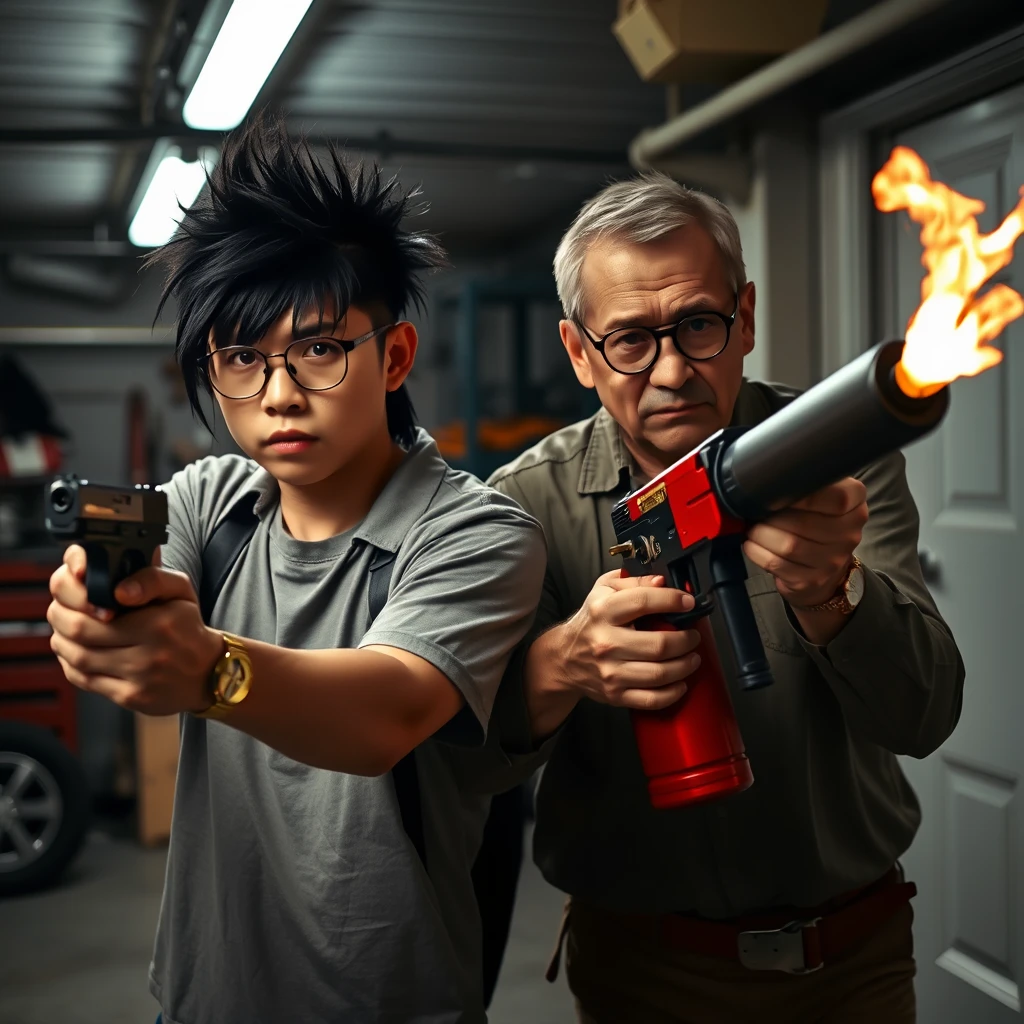 [21-year-old young white Chinese man with long black fringe mullet, square glasses, holding a dangerous pistol]; [21-year-old white Italian man with round prescription glasses and short hair holding a very large fire extinguisher flamethrower], garage setting, both angry. - Image