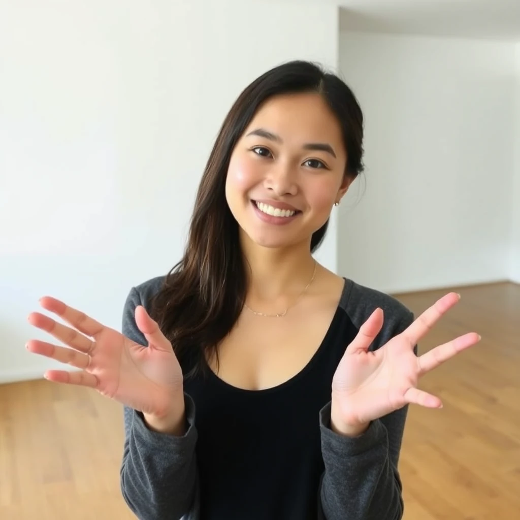 Asian woman holding her hands out in an empty room with a white background. - Image