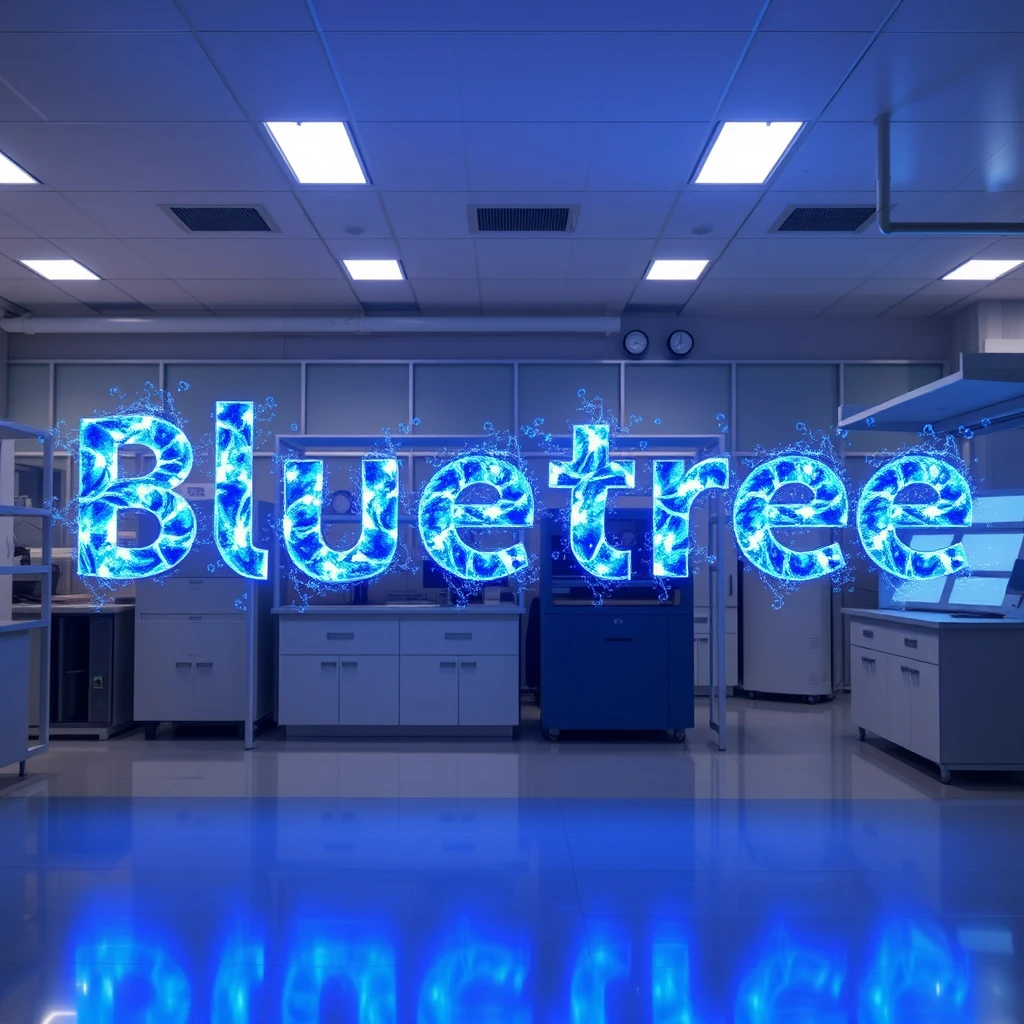 The word "Bluetree" rendered as a holographic projection floating in a high-tech quantum research lab. Each letter, 3 feet tall, is composed of swirling blue particles that mimic the behavior of quantum waves. The text pulsates and shimmers, casting an ethereal blue glow on the surrounding scientific equipment. Sleek, futuristic surfaces reflect the holographic light, creating a sense of depth and dimension. Photographed with a long exposure to capture the movement of the particle effects within the letters.