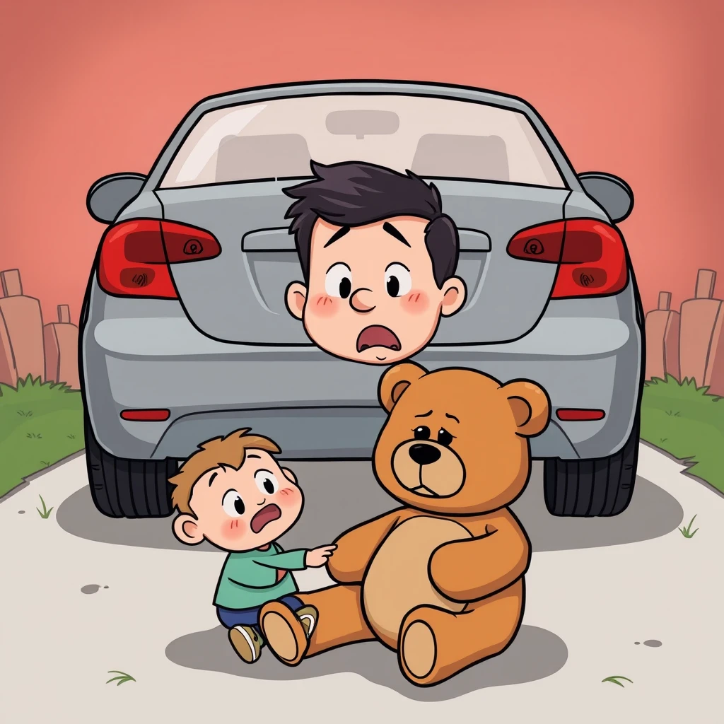 Cartoon father backing up his car over a teddy bear while son cries.