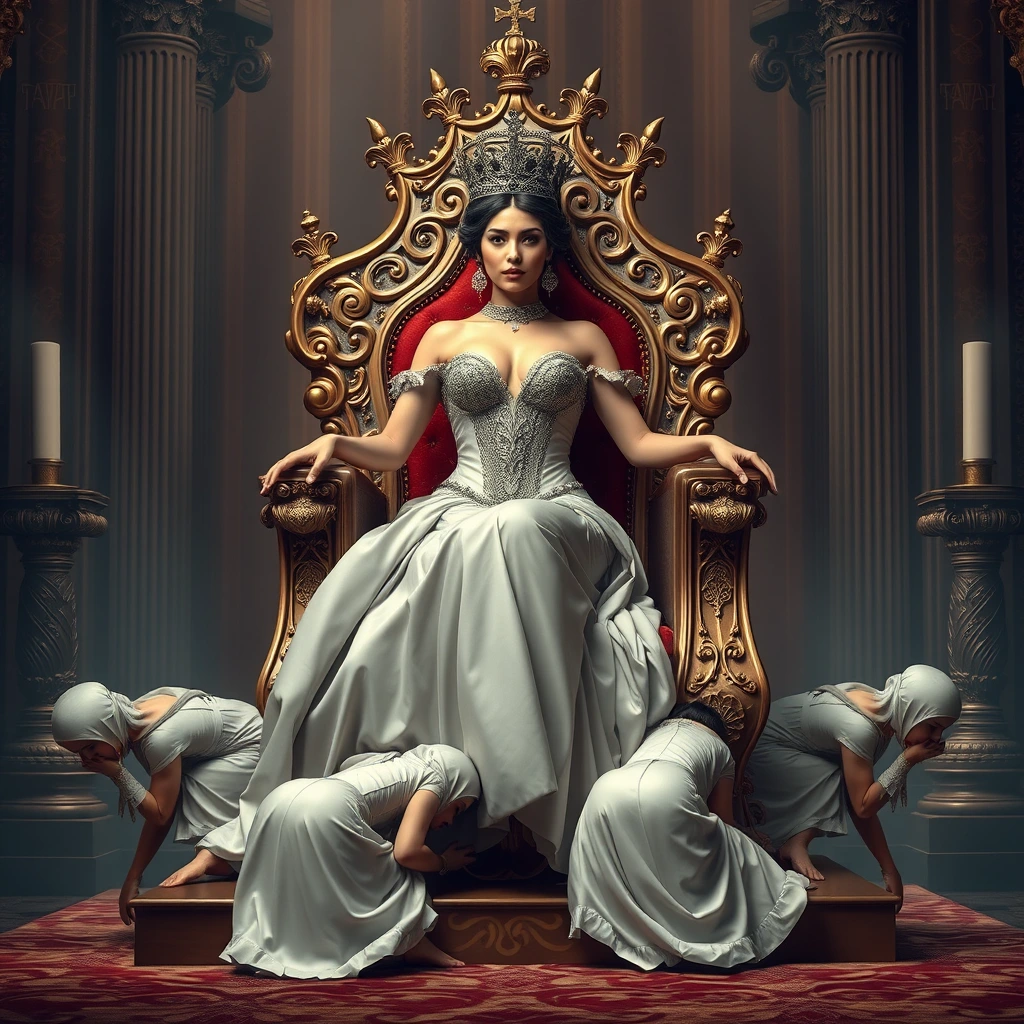 The voluptuous and sexy beautiful queen sits on a luxurious and exquisite throne, which is carried by four palace maids crawling. - Image