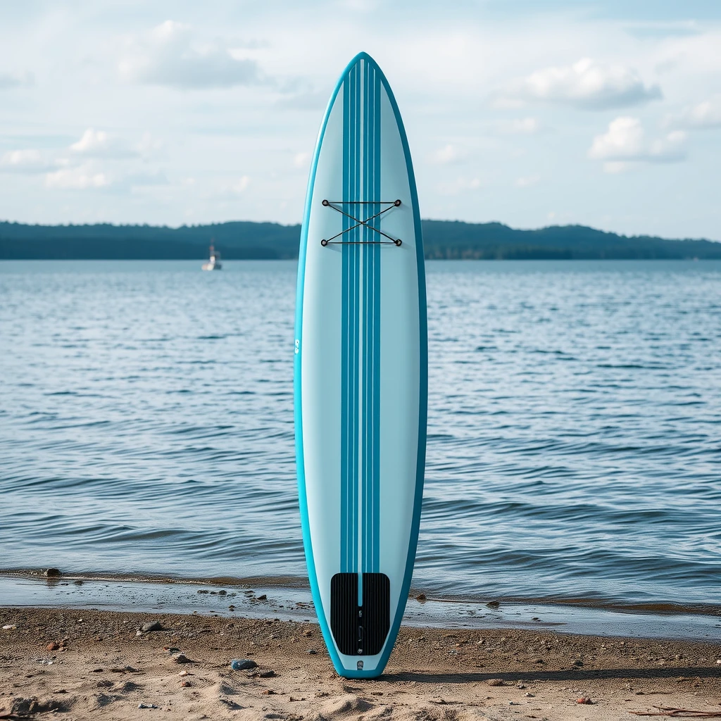 Close-up of a surfboard standing vertically on the shore near a body of water, product presentation photo, lake blue color, high technical detail, frontal symmetry, daoshi, ergonomics, portrait c 1 2. 0, very detailed picture, high altitude, Yolo, Aokan, courtyard, SUP, back, air, lines, on the lake, trailer. - Image