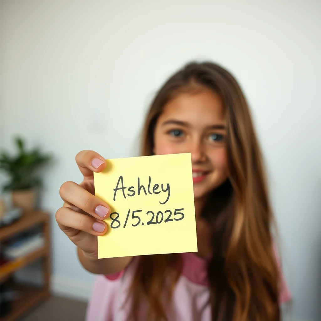 Photo taken on an iPhone of a girl holding up a sticky note to the camera that says “Ashley 8/5/2025” in handwritten script. It’s a wide focal length and is photorealistic. The background is a typical home setting, a blank drywall white wall. There isn’t any background blur. Smartphone photo, bad quality. There is no depth of field or any blur. F.16 aperture. 35mm lens.