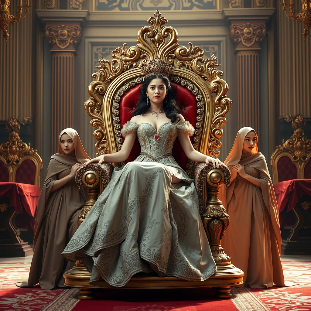 The voluptuous and beautiful queen sits on a luxurious and exquisite throne, which is carried forward by four palace maids. - Image