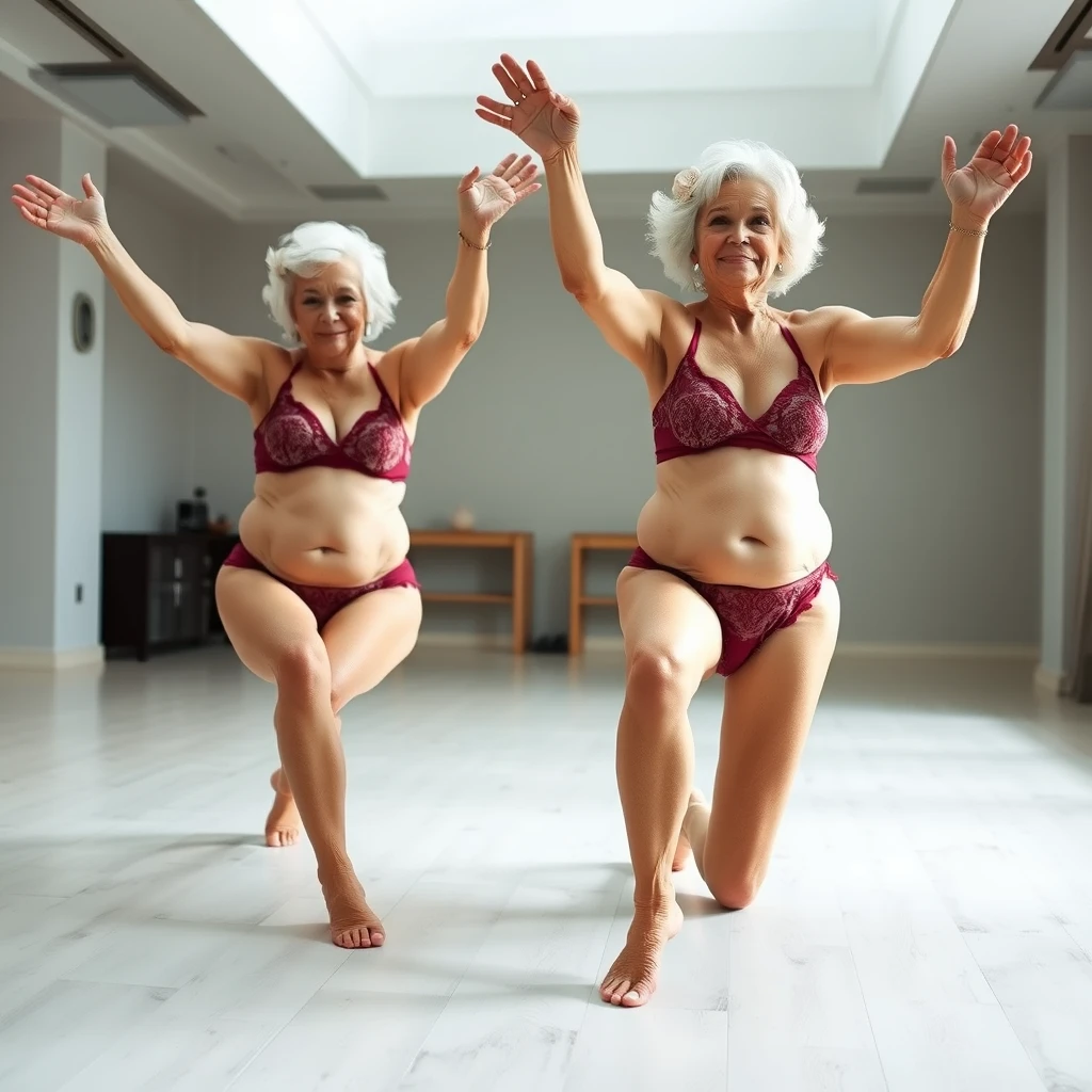 2 larger older women age 80 in tiny lace bikinis doing the splits in a bright room.