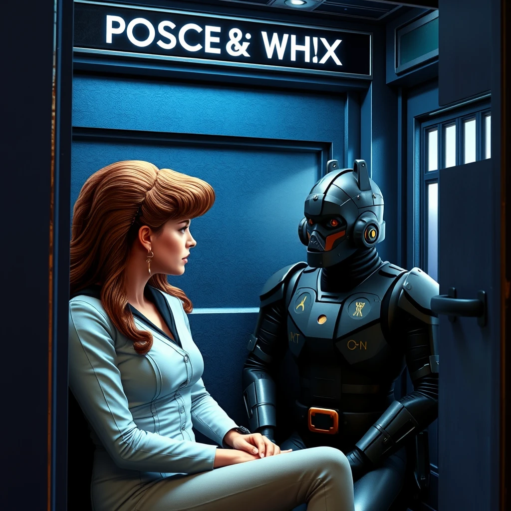 Leela from Doctor Who sitting in the TARDIS talking to K9. - Image